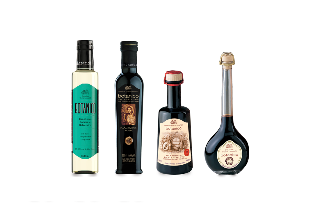 Lazaridis Organic Botanico Balsamic Vinegars. Imported and distributed by Alpha Omega Imports