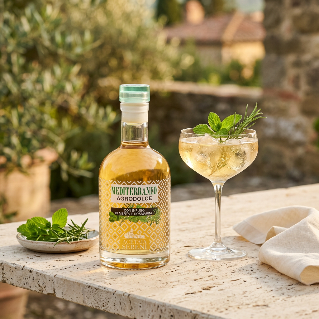 Acetaia Sereni Mediterraneo white balsamic beside an iced herbal mocktail with mint and rosemary on a sunlit terrace