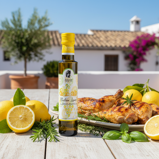 Ariston Lemon Balsamic vinegar with fresh Sicilian lemons and grilled chicken