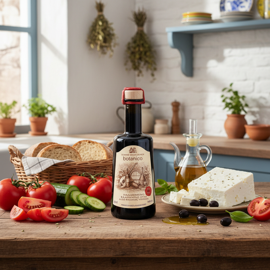 Botanico Organic balsamic vinegar in Mediterranean kitchen with Greek salad ingredients