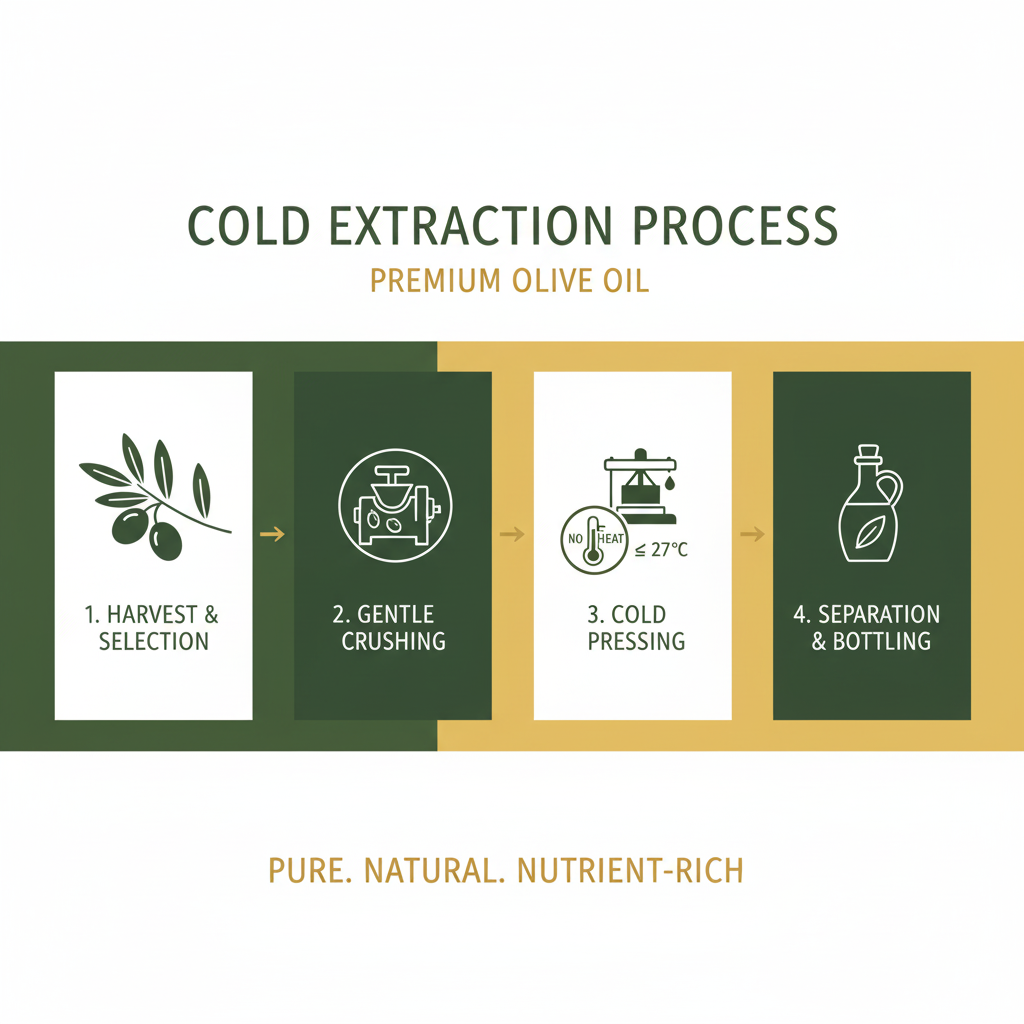 Diagram of the cold extraction process for premium olive oil with icons and text on a white background.