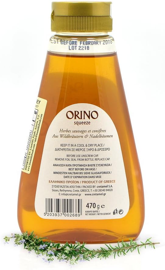 Orino Squeeze Honey 16.6oz | Gold Standard Greek Mountain Honey | Squeeze Jar. Distributed by Alpha Omega Imports
