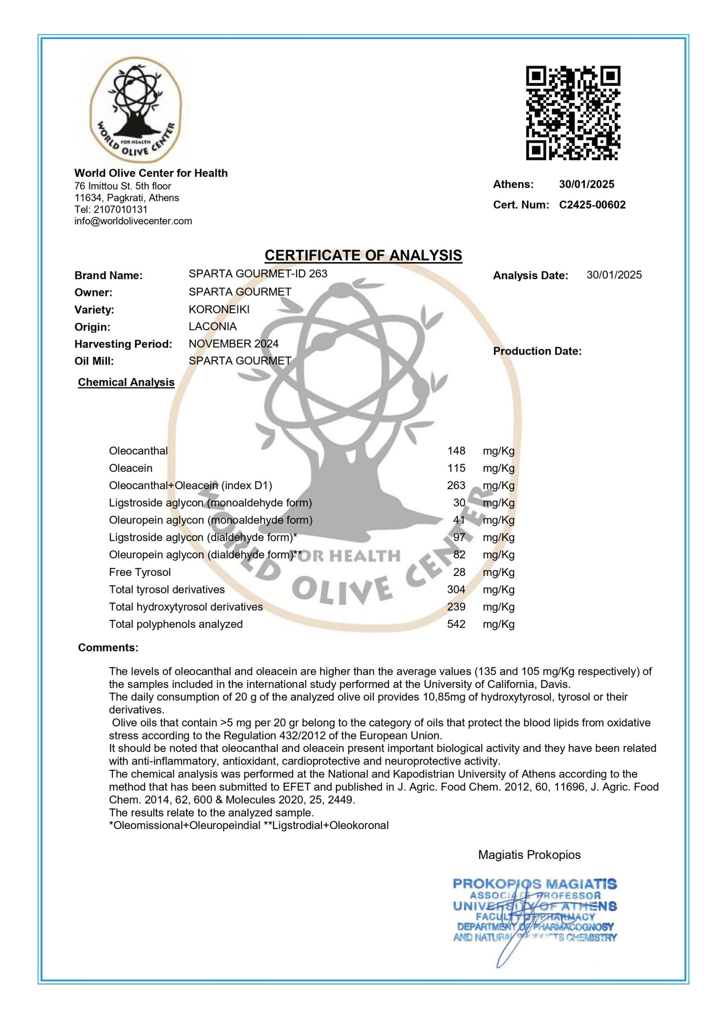 Certificate of Analysis for Sparta Gourmet Premiere olive oil with brand logo and text