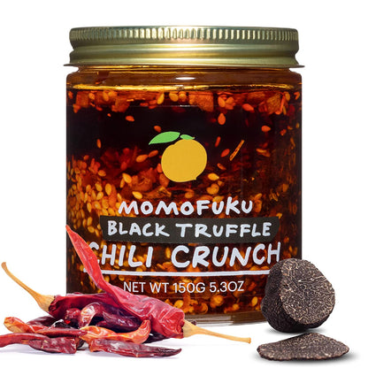 Momofuku Black Truffle Chili Crunch. Distributed by Alpha Omega Imports