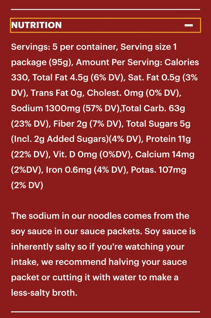 Momofuku Spicy Soy Noodles, Nutrition Facts. Distributed by Alpha Omega Imports