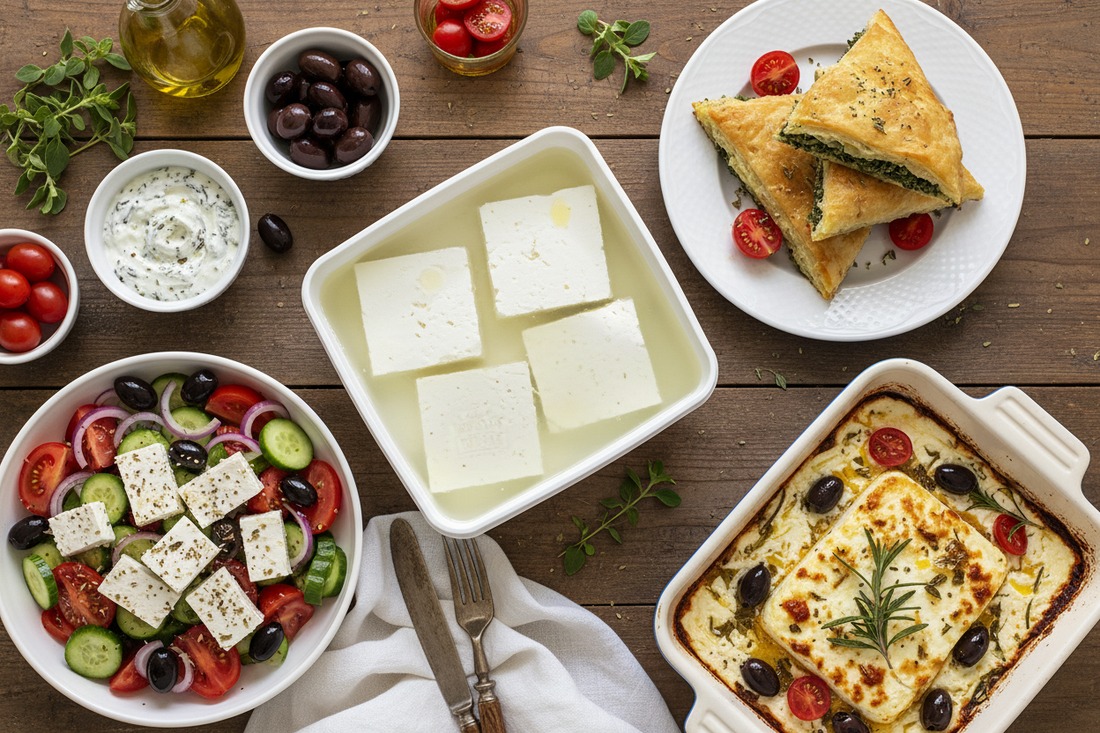 Authentic Greek recipes featuring barrel-aged PDO feta cheese including Greek salad, spanakopita, and baked feta with tomatoes on rustic table