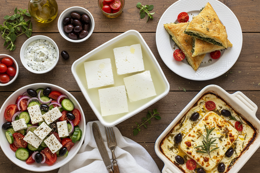 Authentic Greek recipes featuring barrel-aged PDO feta cheese including Greek salad, spanakopita, and baked feta with tomatoes on rustic table