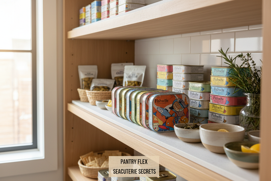 beautifully organized aesthetic pantry με premium tinned seafood (Fishwife tins), artisanal crackers, και olive pouches white selves in natural lighting