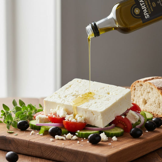  Authentic Greek PDO feta cheese block in brine with sheep milk, olive oil, and fresh herbs on a rustic Mediterranean table