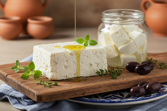 Authentic Greek PDO feta cheese with crumbly texture on rustic wooden board with olives, herbs, and olive oil