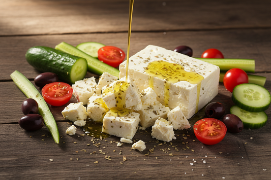 Authentic Greek PDO feta cheese with fresh tomatoes, cucumbers, and Kalamata olives on rustic table - complete feta buying guide