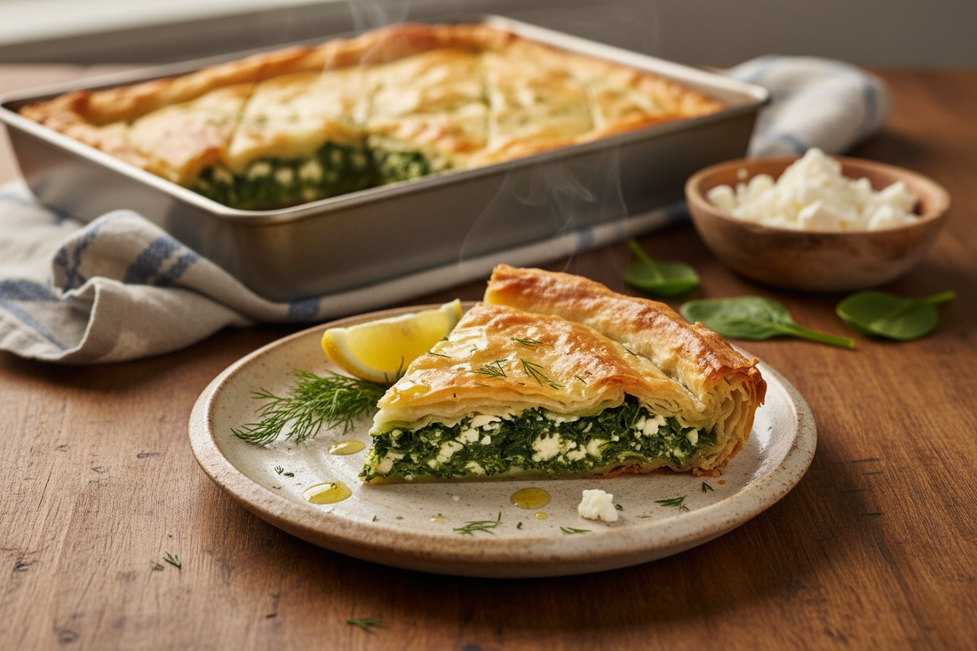 "Authentic Greek Spanakopita recipe - golden crispy phyllo pastry layered with spinach, Roussas PDO feta cheese, and fresh herbs"