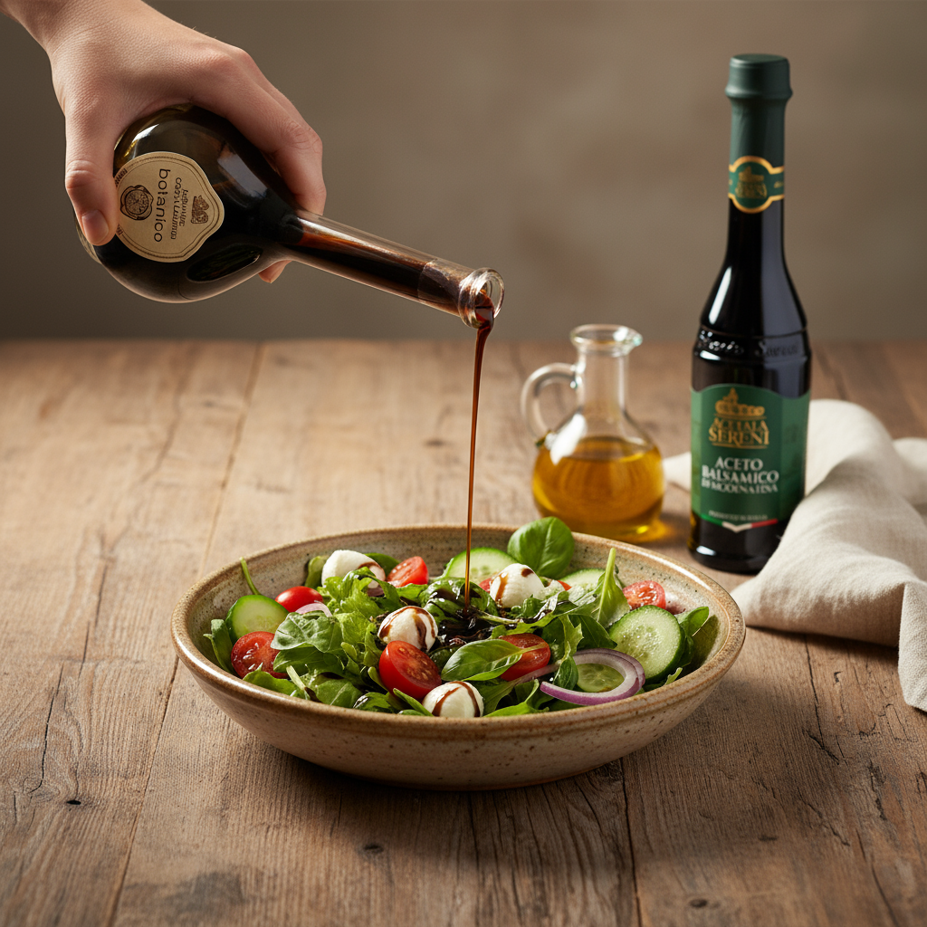 Botanico Gold Seal and Aceto Balsamico di Modena bottles with fresh salad, balsamic being drizzled over mixed greens, tomatoes, and mozzarella