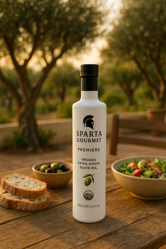 Sparta Gourmet Premiere extra virgin olive oil bottle with quality indicators - tasting dish, olive branches