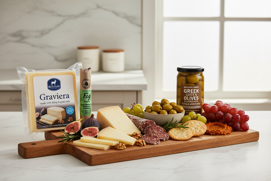 Seacuterie board with Roussas Graviera shavings, Hellenic Farms fig salami coins, tinned fish, olives, figs and grapes on a wooden board