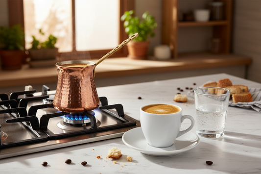 Copper briki pot of Greek coffee on flame with demitasse cup of ellinikos kafes with kaimaki foam and cold water on marble surface