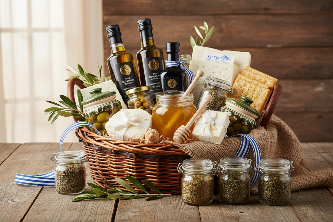 Sustainable Greek food products display with organic olive oil, eco-friendly packaging, and natural ingredients on rustic wooden table