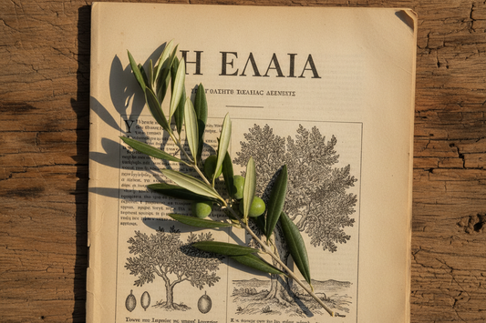 Greek olive branch resting on a vintage 1907 Greek publication about the olive tree (Η ΕΛΑΙΑ), evoking centuries of Mediterranean heritage and sustainable farming tradition.