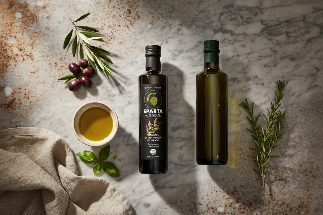 Sparta Gourmet Organic EVOO bottle alongside Italian olive oil on a rustic Mediterranean surface with olives and olive branches