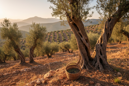 Ancient Koroneiki olive trees on a sun-drenched hillside in Laconia, Greece, with a wicker harvest basket filled with olives at golden hour