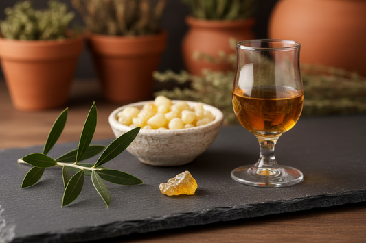 Chios mastic resin tears on dark slate with mastic tree leaves and mastiha liqueur