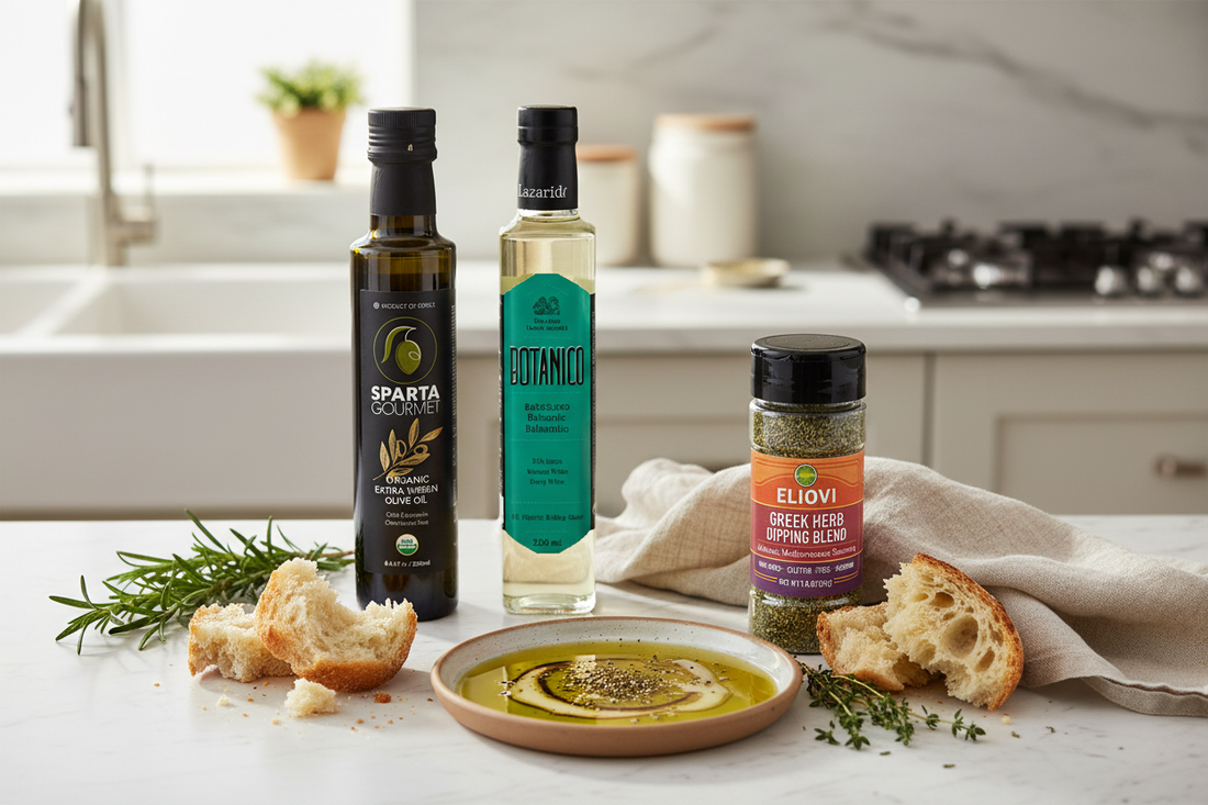 Sparta Gourmet extra virgin olive oil, Botanico balsamic vinegar, and Eliovi Greek herb dipping blend arranged in a kitchen with crusty bread and a bread-dipping plate, illustrating classic olive oil food pairing