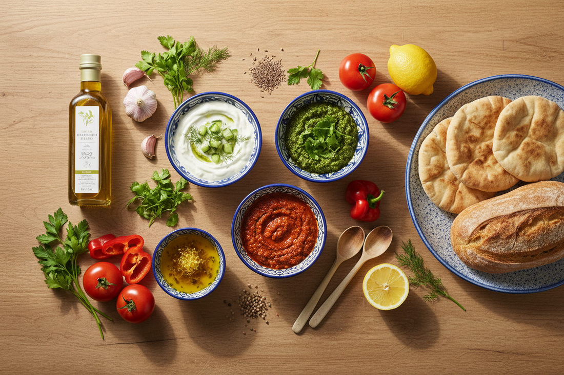 "Mediterranean sauces including tzatziki, romesco, and chermoula with fresh ingredients like olive oil, garlic, herbs, and red peppers on rustic wooden table"
