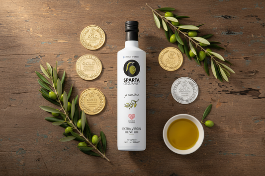 Sparta Gourmet Premiere extra virgin olive oil bottle displayed alongside gold and silver olive oil competition medals, fresh olive branches, and a dish of golden EVOO on a rustic wooden surface