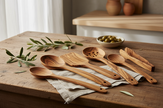 Elegant olive wood cooking utensils arranged on rustic Mediterranean kitchen counter with fresh herbs and olive oil