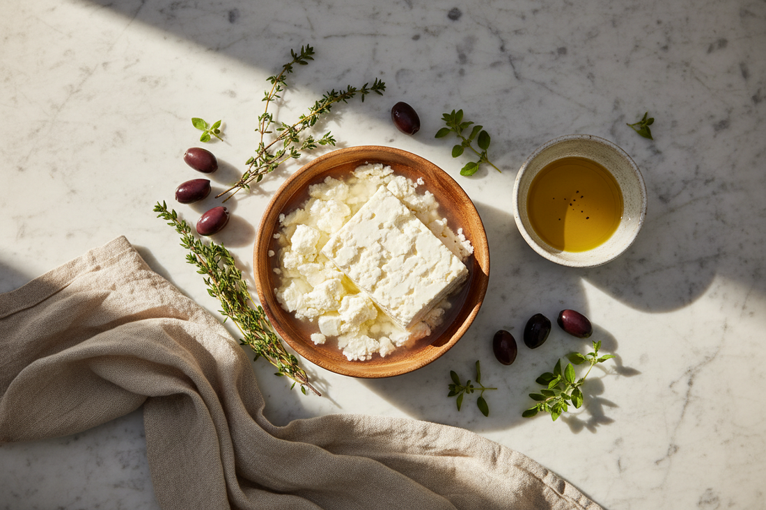 Wedge of creamy white Greek PDO feta in brine surrounded by fresh thyme, Kalamata olives, and golden olive oil on a rustic marble surface — Roussas Organic Feta PDO from Almyros, Thessaly