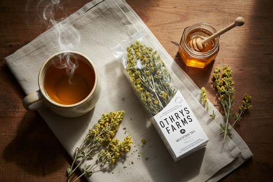 Othrys Farms Greek Mountain Tea (Sideritis) wild-harvested herbal tea package on white background — caffeine-free shepherd's tea from Mount Othrys, Greece
