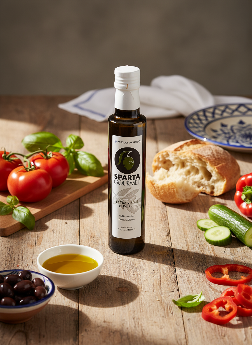Sparta Gourmet extra virgin olive oil bottle surrounded by fresh Mediterranean ingredients - tomatoes, basil, bread, and olives on rustic wooden table