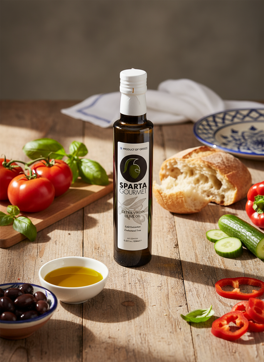 Sparta Gourmet extra virgin olive oil bottle surrounded by fresh Mediterranean ingredients - tomatoes, basil, bread, and olives on rustic wooden table
