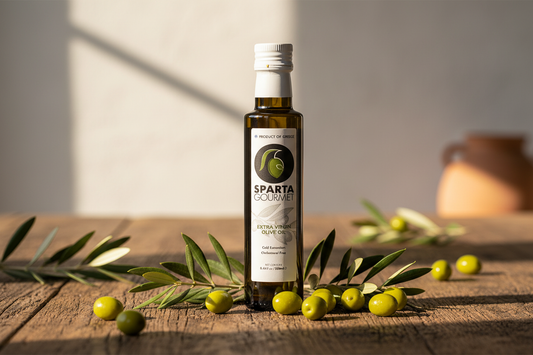 Sparta Gourmet Extra Virgin Olive Oil bottle with fresh Greek olives and olive branches on rustic wooden table - premium Greek EVOO buying guide