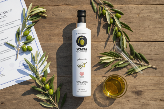 Sparta Gourmet Premiere extra virgin olive oil bottle styled with a Certificate of Analysis document, fresh olive branches, and golden olive oil on a rustic wooden surface