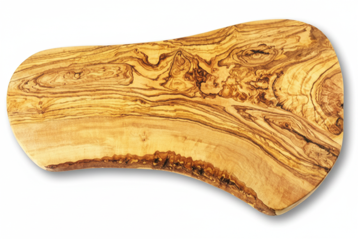 Handcrafted Greek olive wood live-edge serving board showing natural grain pattern