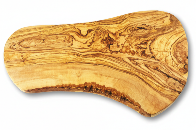 Handcrafted Greek olive wood live-edge serving board showing natural grain pattern