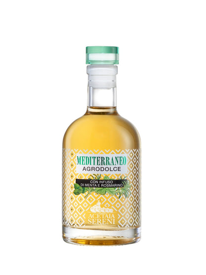 Acetaia Sereni Agrodolce Bianco Mediterraneo, white balsamic with mint and rosemary, 250 ml bottle. Imported by Alpha Omega Imports.