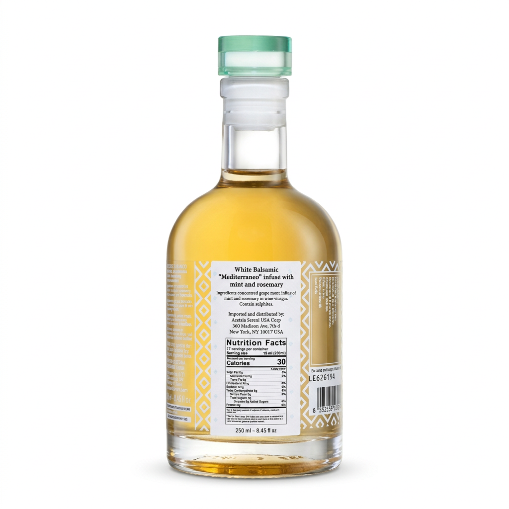 Acetaia Sereni Mediterraneo mint and rosemary white balsamic, 250 ml bottle showing the back label on white