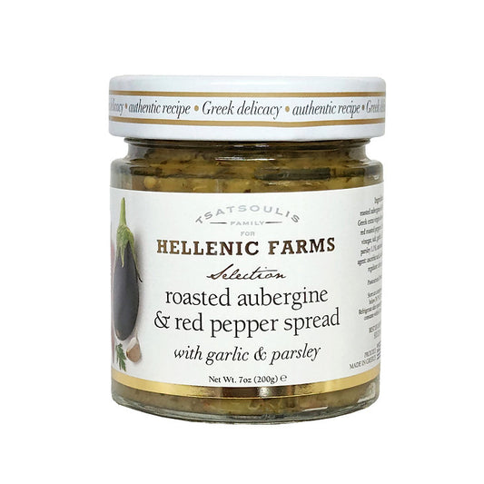 Jar of Hellenic Farms roasted aubergine and red pepper spread on a white background