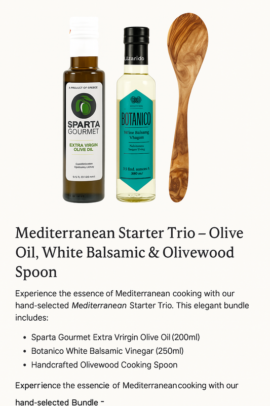 Mediterranean Starter Trio | Greek Olive Oil, Balsamic & Olivewood Spoon. Alpha Omega Imports

