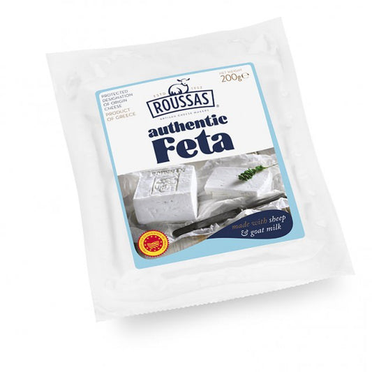 Packaging of Authentic Traditional Greek Roussas Feta Cheese, indicating it is made with goat and sheep's milk, and displaying the product name, weight (200g), and certification logos (PDO, GF, EF, FF, PF, WF).