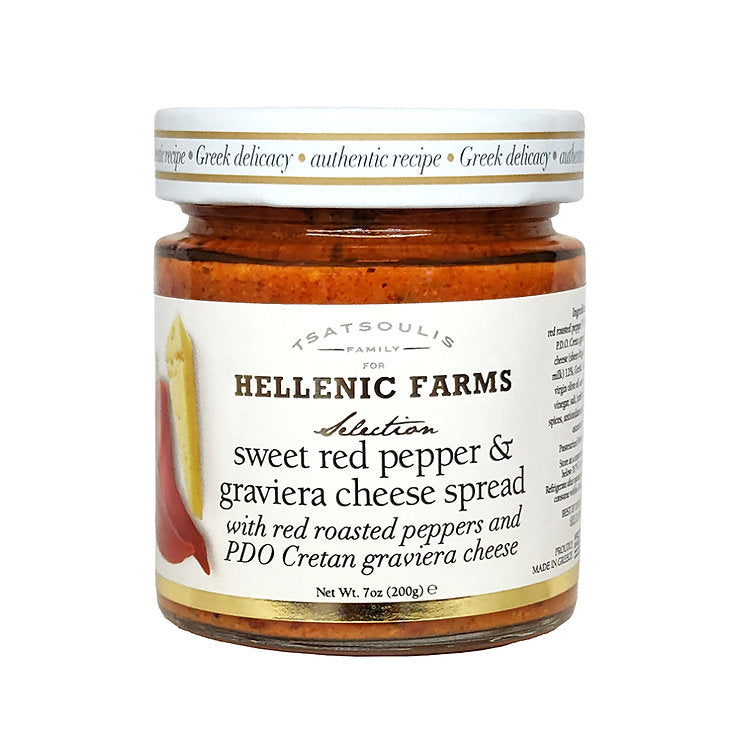 Jar of Hellenic Farms sweet red pepper and graviera cheese spread on a white background