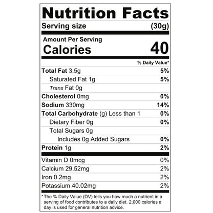 Nutrition facts label for a food product with serving size, calories, and various nutritional values.