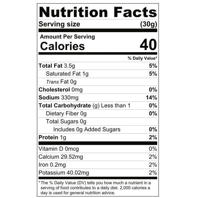 Nutrition facts label for a food product with serving size, calories, and various nutritional values.