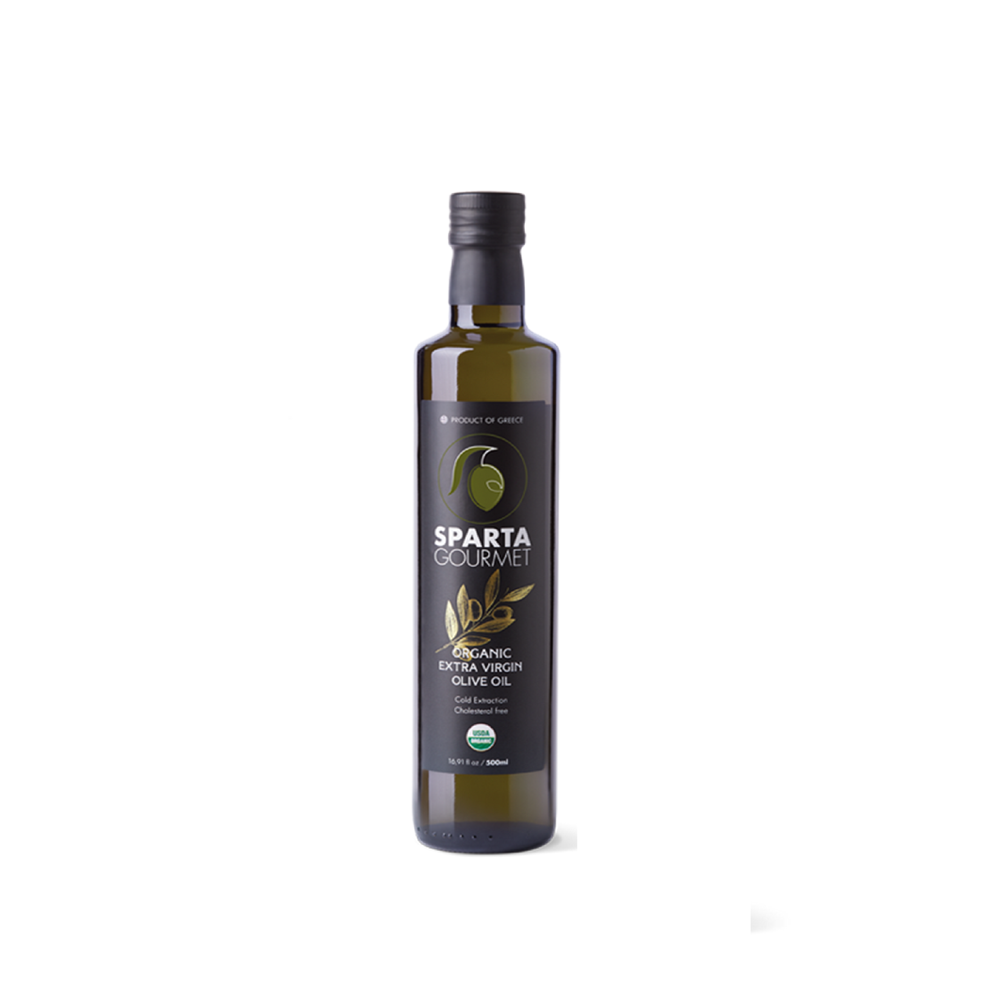 Bottle of Sparta Gourmet olive oil on a white background