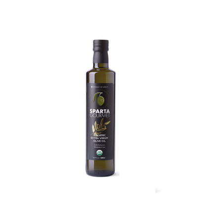 Bottle of Sparta Gourmet olive oil on a white background