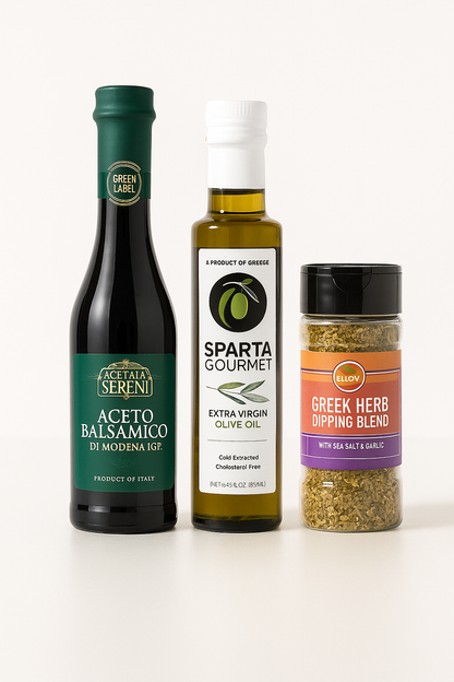 Taste of the Mediterranean | Sparta EVOO, Modena Balsamic & Greek Herbs Set. By Alpha Omega Imports

