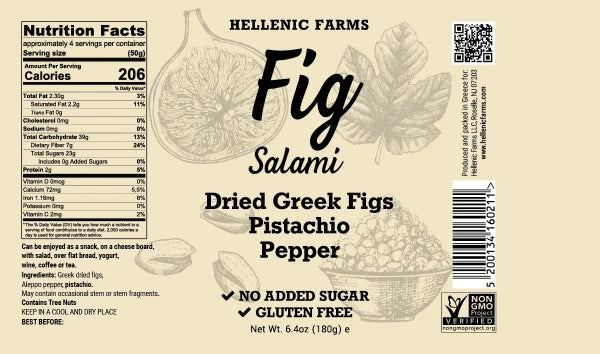 Hellenic Farms Vegan Fig Salami | Pistachio & Cinnamon | Raw Greek Figs | Vegan Charcuterie