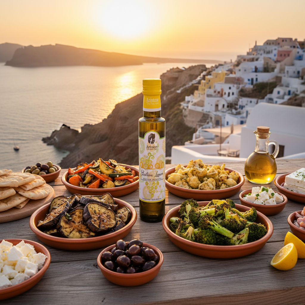 Ariston Lemon Balsamic vinegar with Greek mezze spread